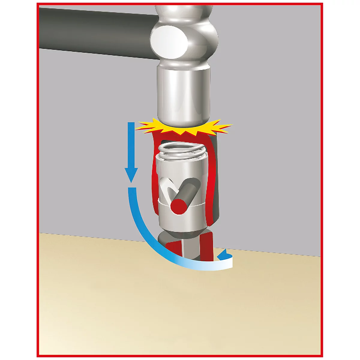 Ein Hammer schlägt auf ein Werkzeug, ein Pfeil zeigt die Bewegung an. Funken und Details, rot umrandet.